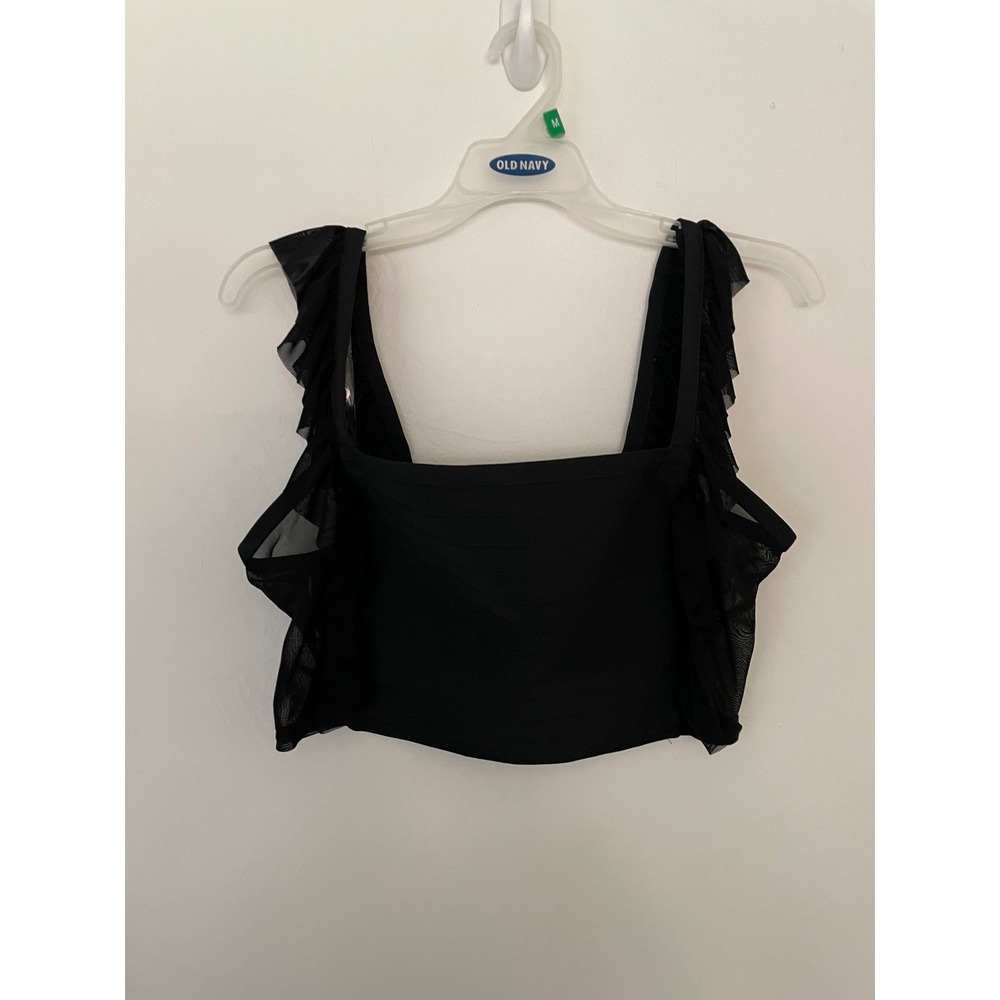 Fashion Nova Black Bandage Mesh Ruffle Crop Top 1XL Sheer Back‎ Square Neck